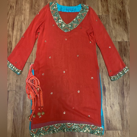 Manish Malhotra Embellished Orange Long Tunic Kaftan Maxi Dress Side Slits - Picture 1 of 16